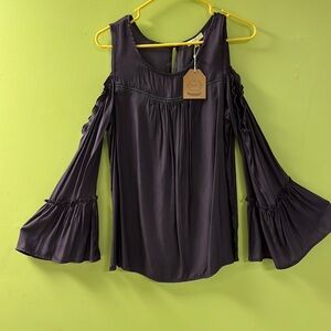 Kori Black Asymmetrical Ruffled Bell Sleeve Blouse